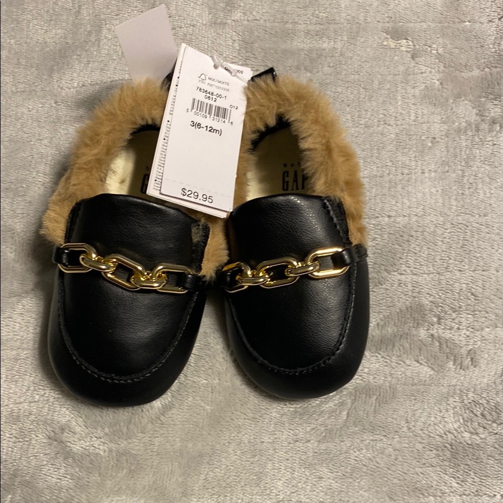 Gap Black Baby Moccasins with Gold Chain